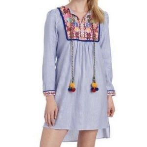 Chelsea & Theodore Embroidered Blue White Striped Tassel Dress Size Petite Small